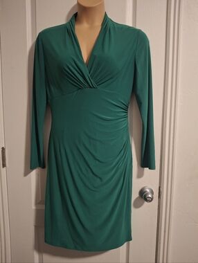 Lauren Ralph Lauren Sz 12 Women's Emerald Green V-Neck Ruched Dress